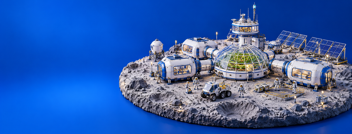 Polvenar handcrafted lunar habitat miniature on a cobalt backdrop